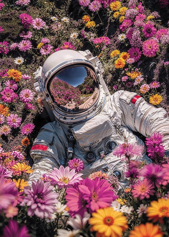 Astronaut in spacesuit surrounded by pink and yellow flowers-12