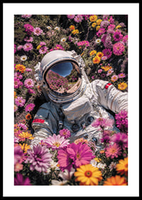 Astronaut in spacesuit surrounded by pink and yellow flowers-0