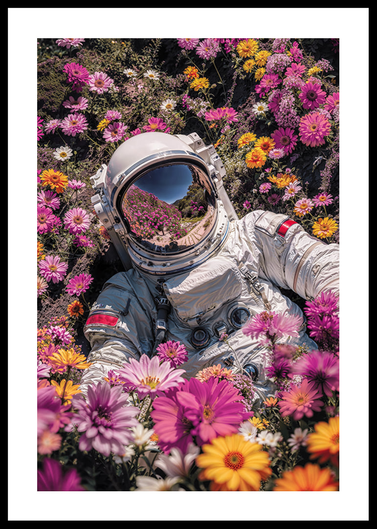 Astronaut in spacesuit surrounded by pink and yellow flowers-12