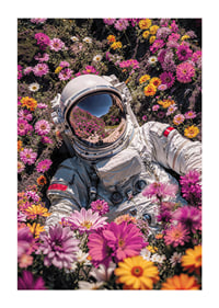 Astronaut in spacesuit surrounded by pink and yellow flowers-1