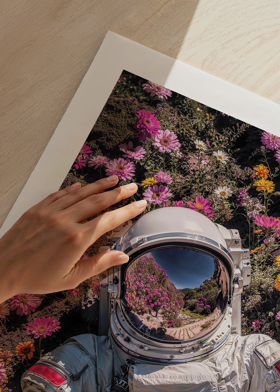 Astronaut in spacesuit surrounded by pink and yellow flowers-12