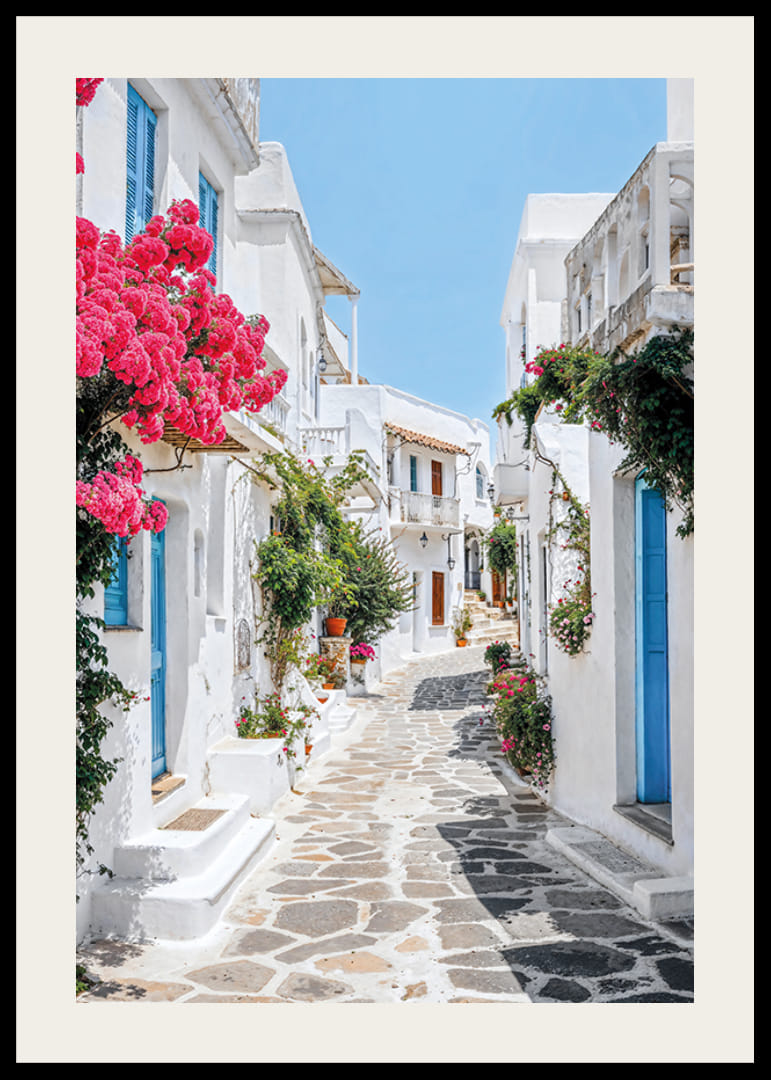 Fotografi av vitkalkad gränd med blå dörrar och rosa blommor-12