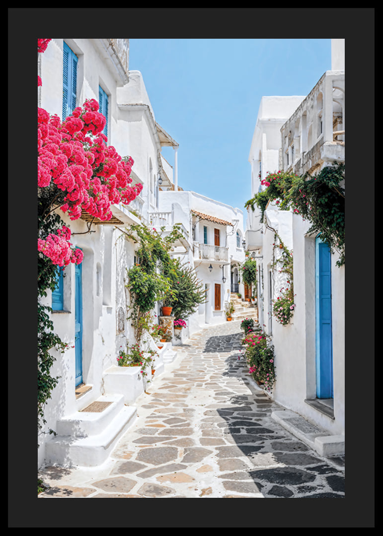 Photographie d'une ruelle blanchie à la chaux avec des portes bleues et des fleurs roses-12