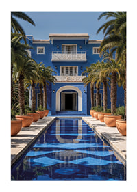 Photograph of blue villa with palm trees and long swimming pool in the foreground-1