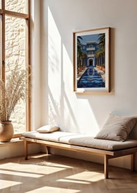 Photograph of blue villa with palm trees and long swimming pool in the foreground-8