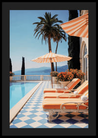 Fotografi av poolkant med solsängar och parasoll i orangevitt-4