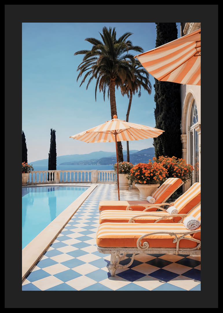 Fotografi av poolkant med solsängar och parasoll i orangevitt-12