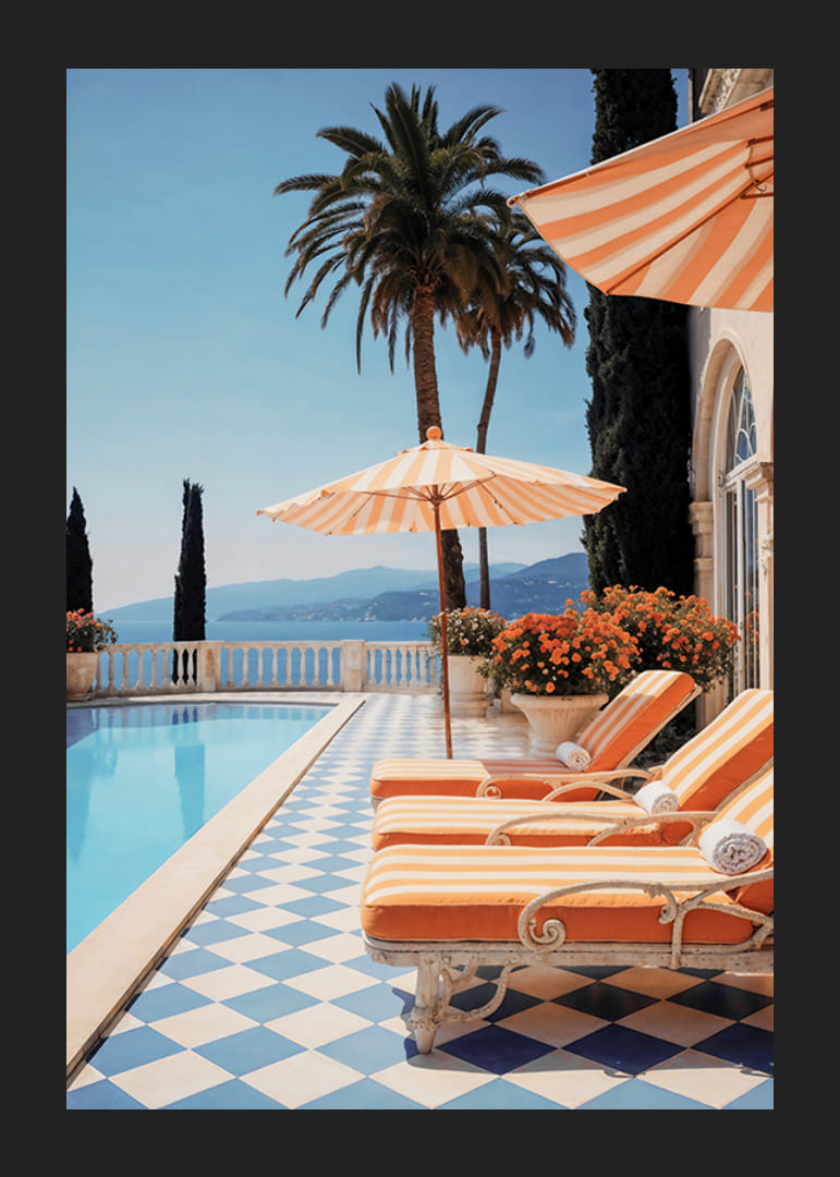 Fotografi av poolkant med solsängar och parasoll i orangevitt-12
