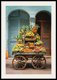 Rustic fruit cart filled with fresh fruits in front of blue doors-2