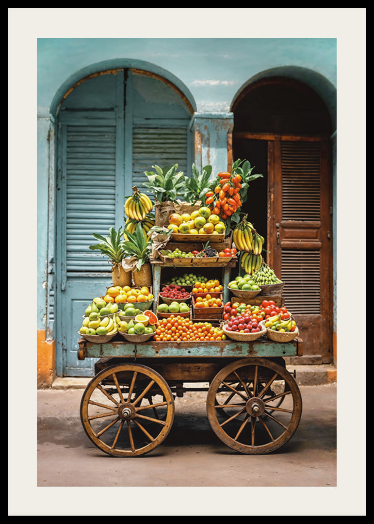 Rustic fruit cart filled with fresh fruits in front of blue doors-12