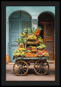 Rustik fruktvagn fylld med färska frukter framför blå dörrar-4