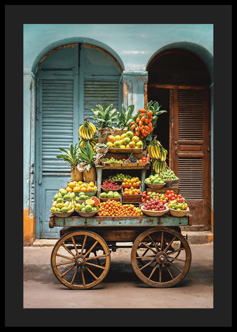 Rustik fruktvagn fylld med färska frukter framför blå dörrar-12