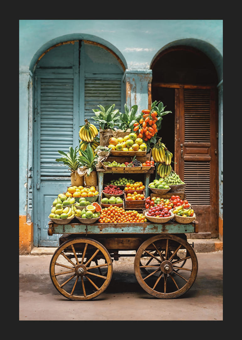 Rustik fruktvagn fylld med färska frukter framför blå dörrar-12