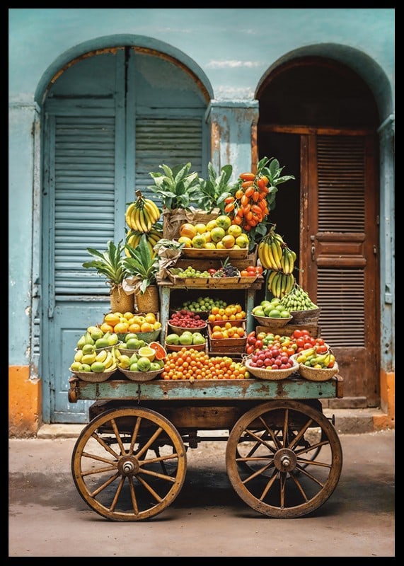 Rustic fruit cart filled with fresh fruits in front of blue doors-12