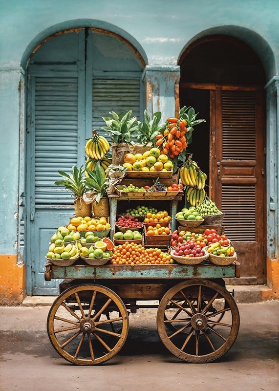 Rustic fruit cart filled with fresh fruits in front of blue doors-12