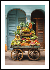 Rustic fruit cart filled with fresh fruits in front of blue doors-0
