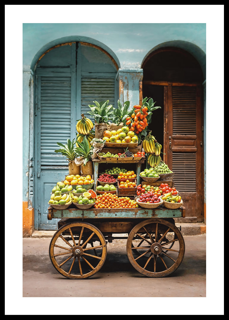 Rustic fruit cart filled with fresh fruits in front of blue doors-12