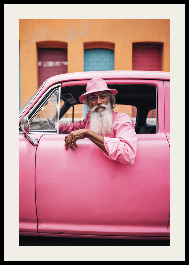 Äldre man med långt skägg i rosa bil framför färgglad fasad-12