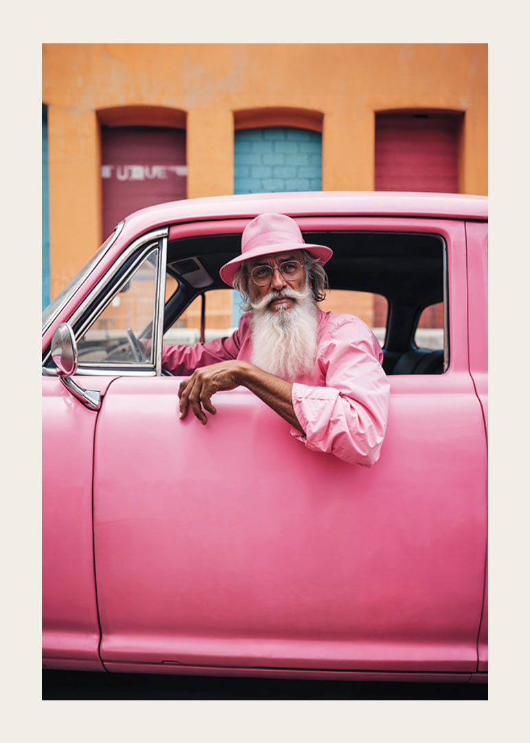 Elderly man with long beard in pink car in front of colorful facade-12