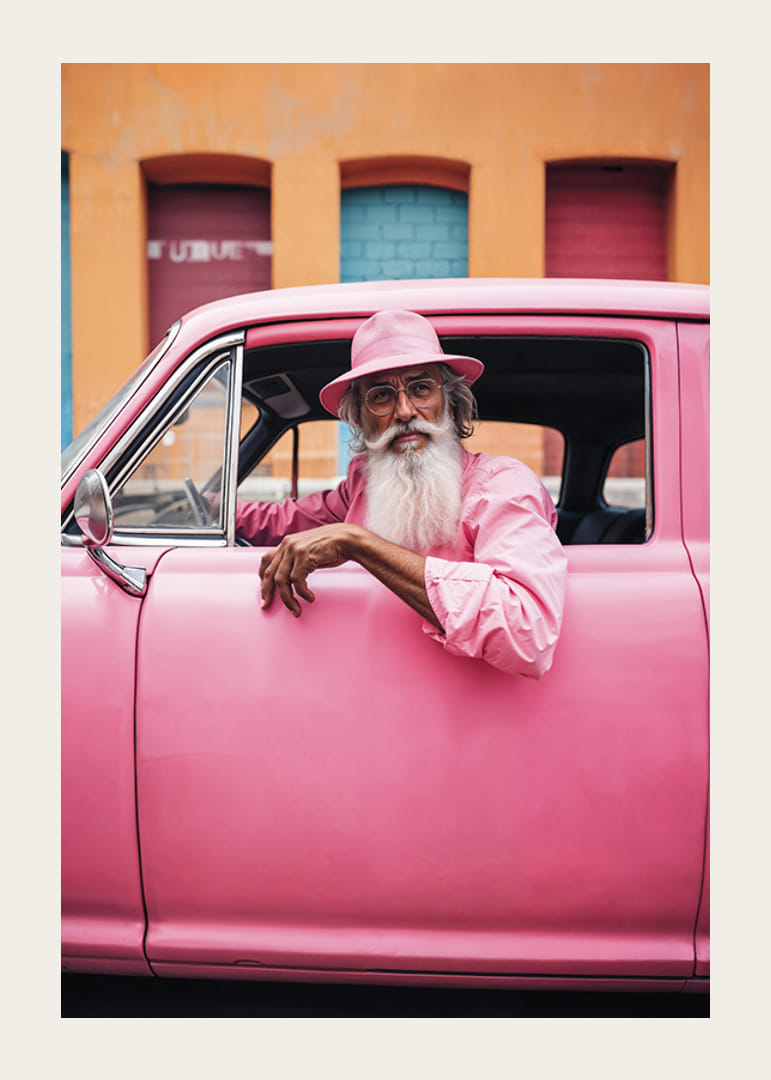 Äldre man med långt skägg i rosa bil framför färgglad fasad-12