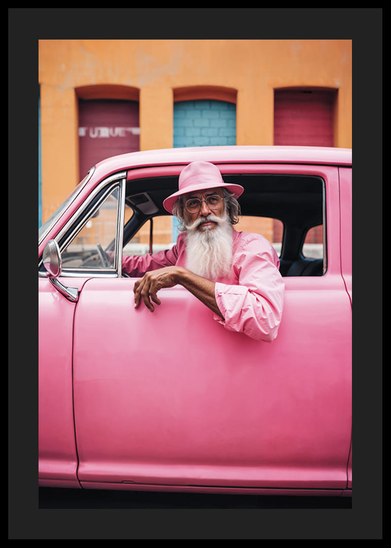 Äldre man med långt skägg i rosa bil framför färgglad fasad-12