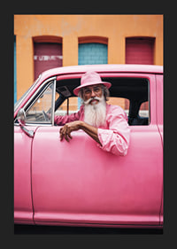 Elderly man with long beard in pink car in front of colorful facade-5