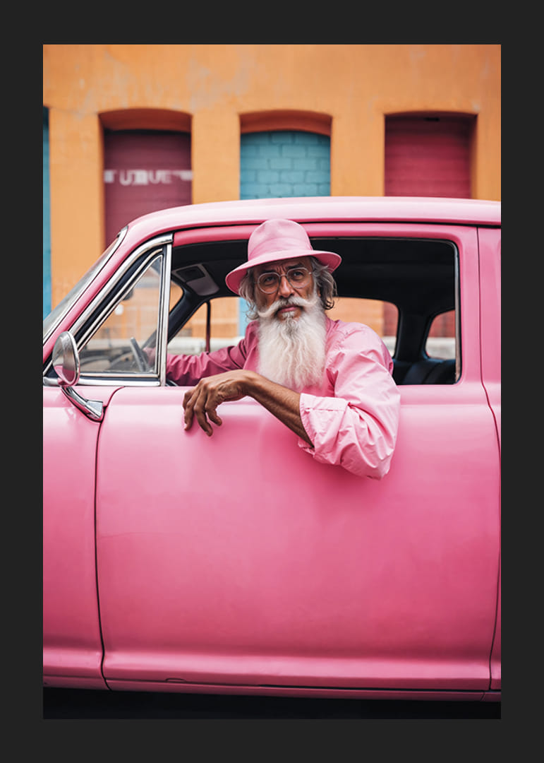 Äldre man med långt skägg i rosa bil framför färgglad fasad-12