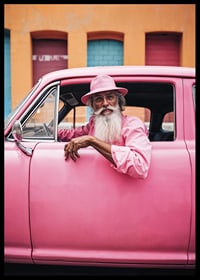 Elderly man with long beard in pink car in front of colorful facade-6