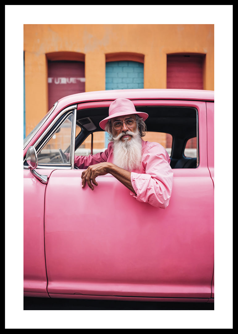 Elderly man with long beard in pink car in front of colorful facade-12