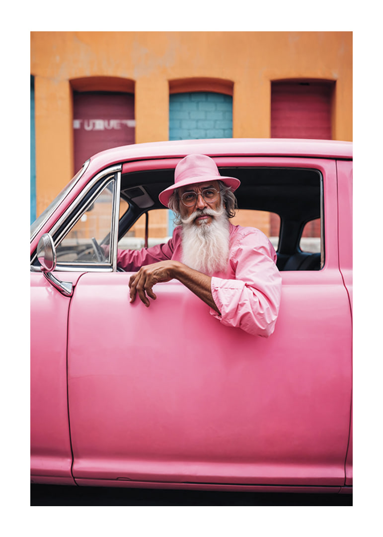Elderly man with long beard in pink car in front of colorful facade-12