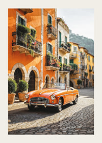 Classic orange convertible on cobblestone street in Italy-3