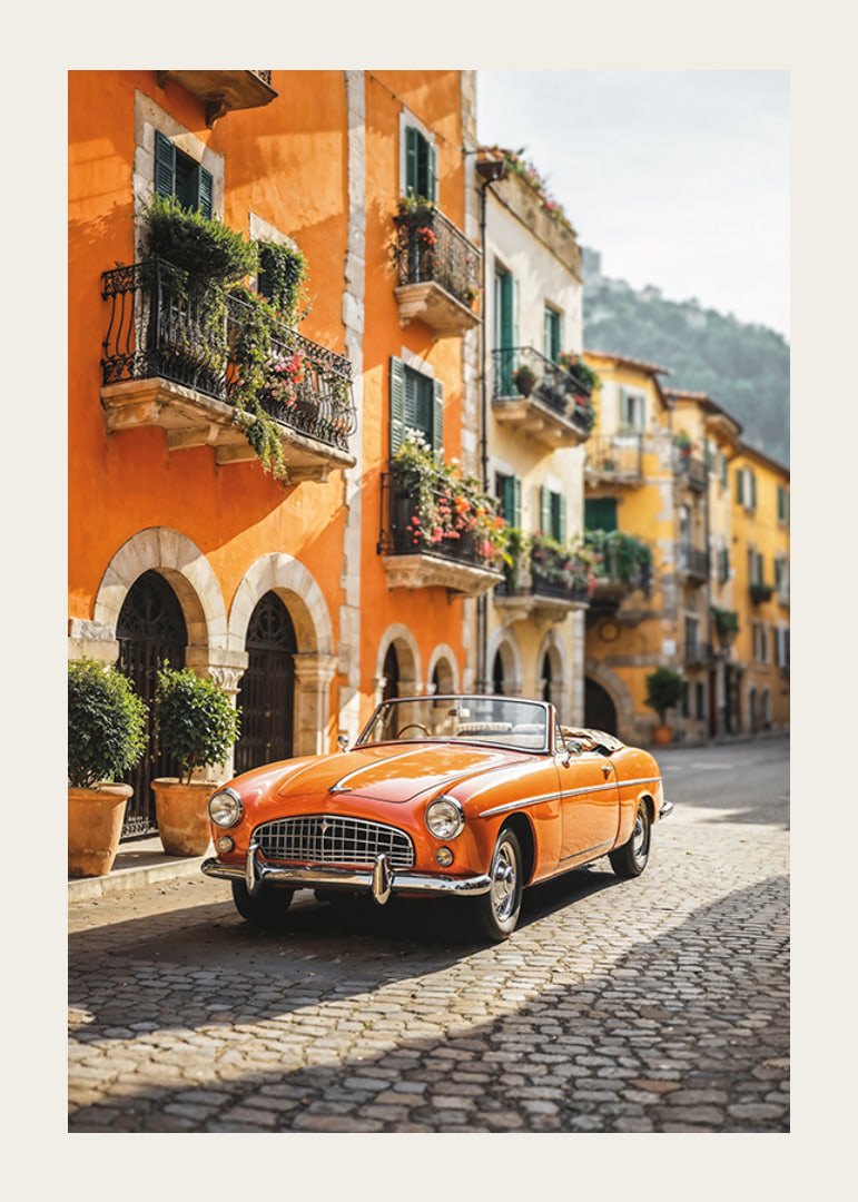 Classic orange convertible on cobblestone street in Italy-12