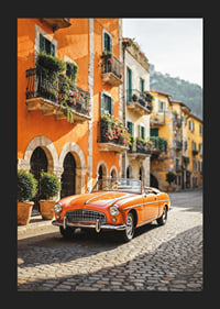 Classic orange convertible on cobblestone street in Italy-5