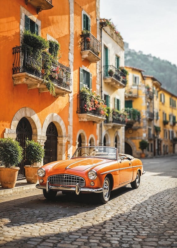 Classic orange convertible on cobblestone street in Italy-12