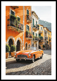 Classic orange convertible on cobblestone street in Italy-0