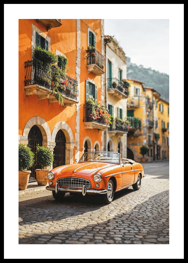 Classic orange convertible on cobblestone street in Italy-12