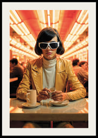 Mulher de jaqueta amarela e óculos de sol brancos em café, estilo retrô-2