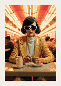 Mulher de jaqueta amarela e óculos de sol brancos em café, estilo retrô-3