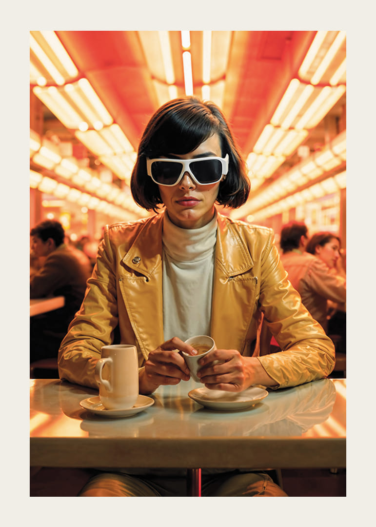 Mulher de jaqueta amarela e óculos de sol brancos em café, estilo retrô-12