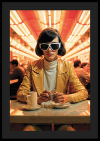 Mulher de jaqueta amarela e óculos de sol brancos em café, estilo retrô-4