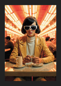 Mulher de jaqueta amarela e óculos de sol brancos em café, estilo retrô-5