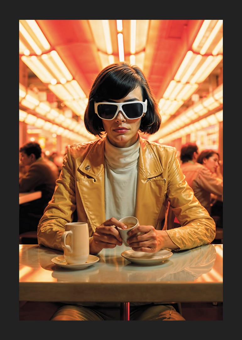 Mulher de jaqueta amarela e óculos de sol brancos em café, estilo retrô-12