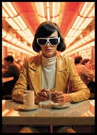 Kvinna i gul jacka och vita solglasögon på kafé, retrostil-6