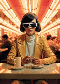 Kvinna i gul jacka och vita solglasögon på kafé, retrostil-7
