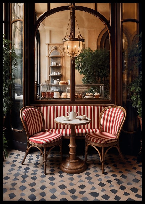 Klassiskt cafébord med rödvitrandiga stolar i varm belysning-12