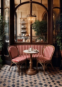 Klassiskt cafébord med rödvitrandiga stolar i varm belysning-7