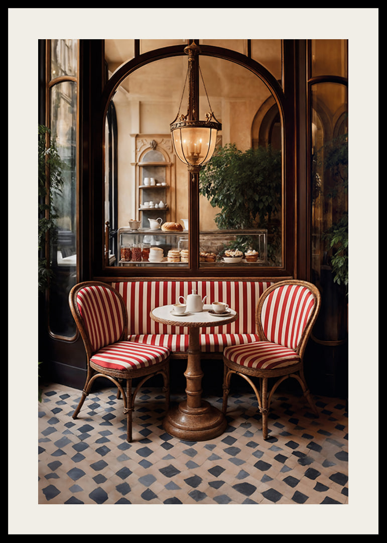 Klassiskt cafébord med rödvitrandiga stolar i varm belysning-12