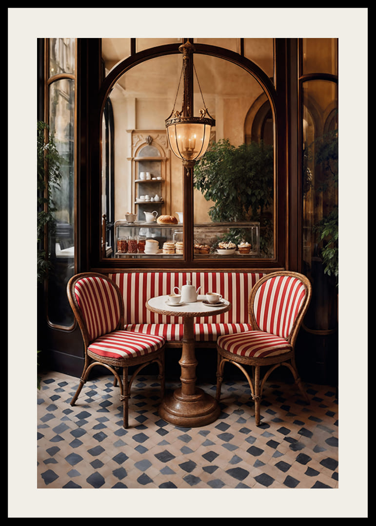 Klassiskt cafébord med rödvitrandiga stolar i varm belysning-12