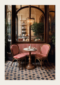 Klassiskt cafébord med rödvitrandiga stolar i varm belysning-3