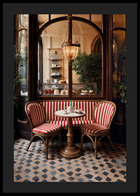 Klassiskt cafébord med rödvitrandiga stolar i varm belysning-4